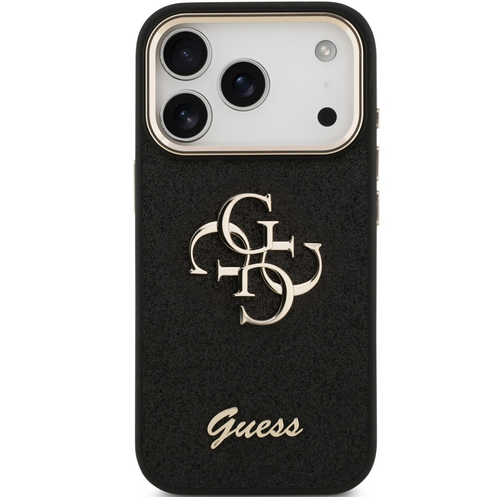 Etui Guess Fixed Glitter Big 4G Metal Frame do iPhone 17 Pro, czarno-brokatowe